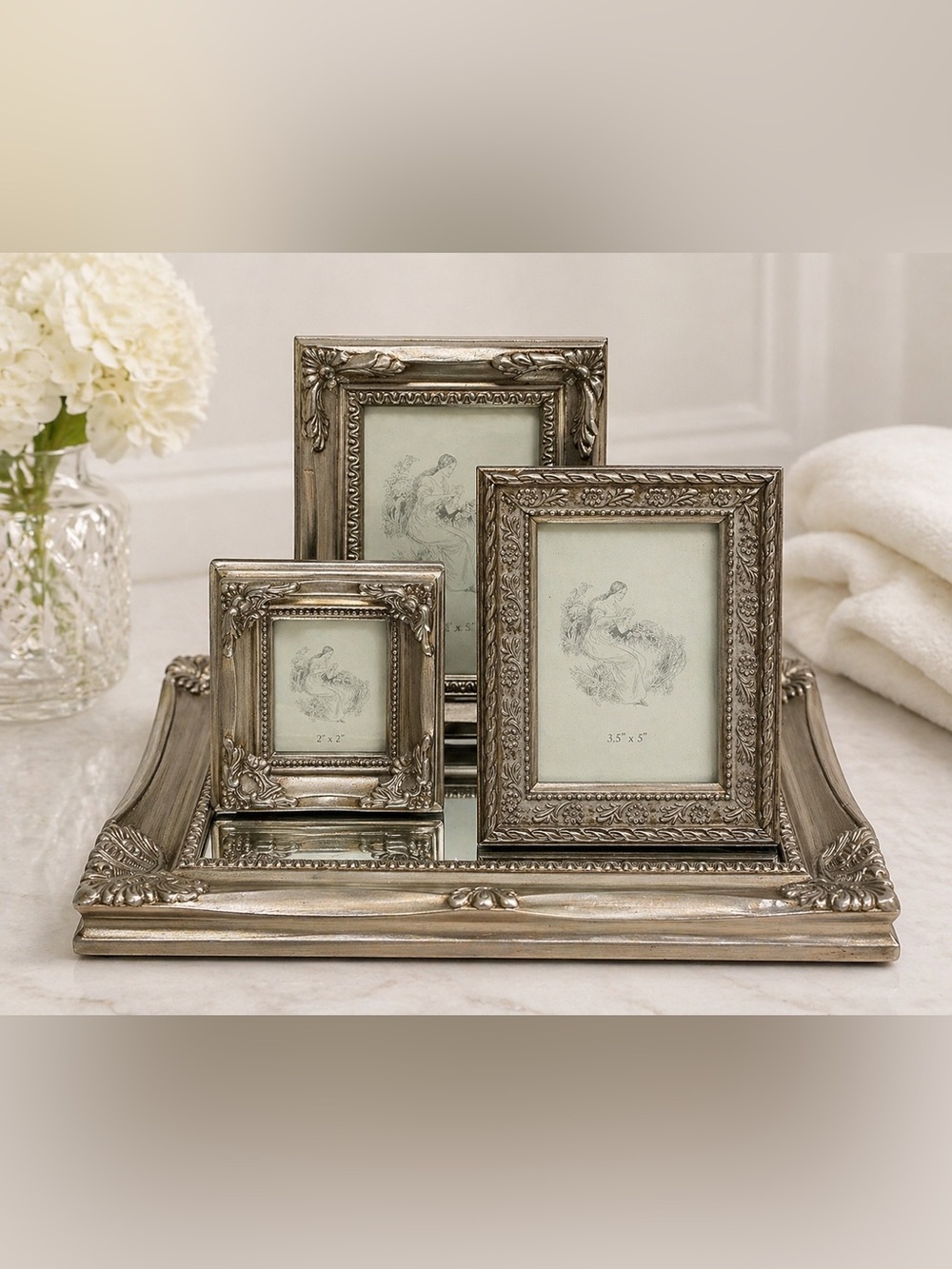 🌸 Molamanco Silver Ornate Picture Frame and Mirrored Tray Set